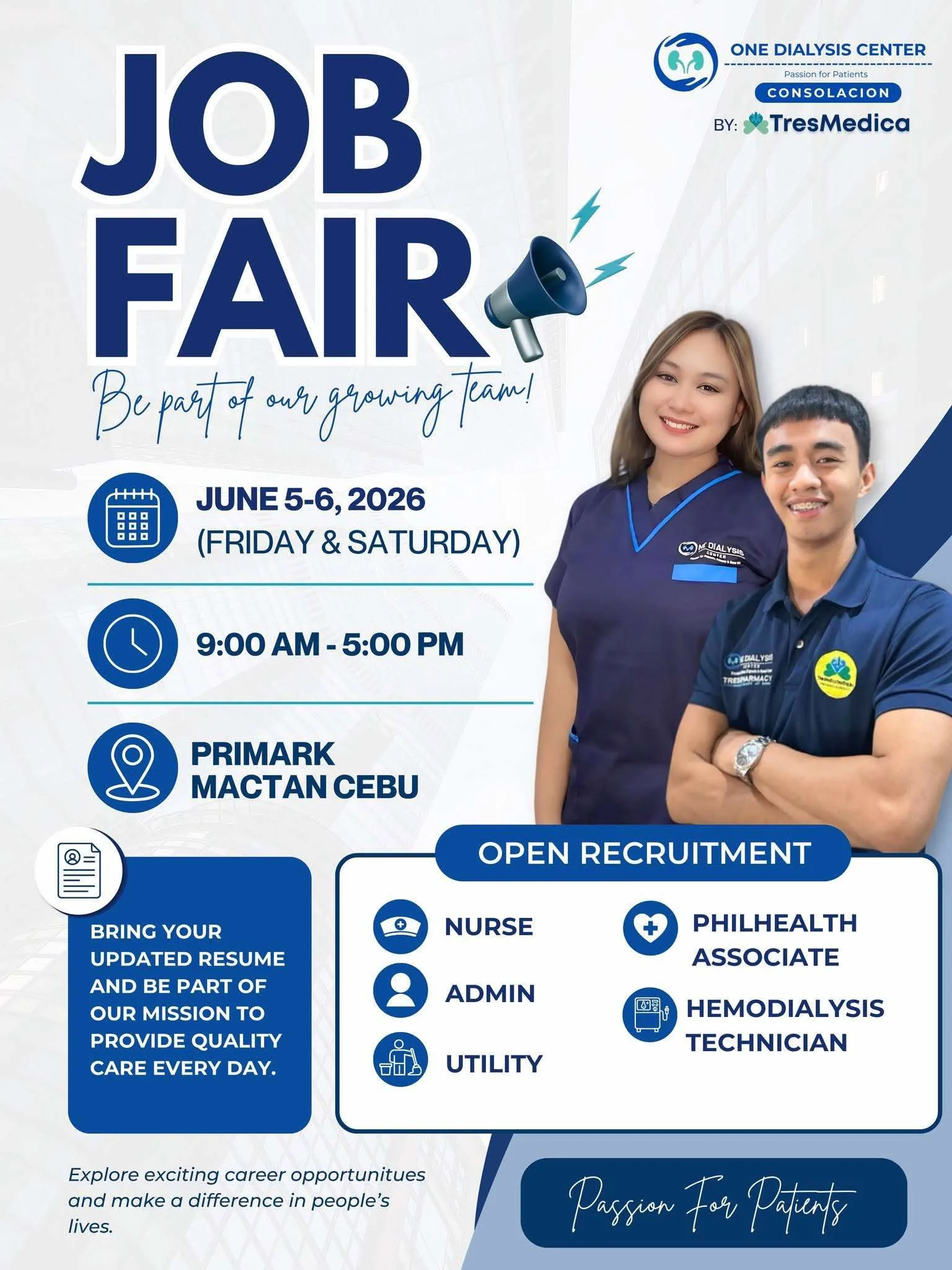 One Dialysis Center Consolacion by TresMedica open recruitment - hiring Nurse, Admin, Utility, PhilHealth Associate, and Hemodialysis Technician