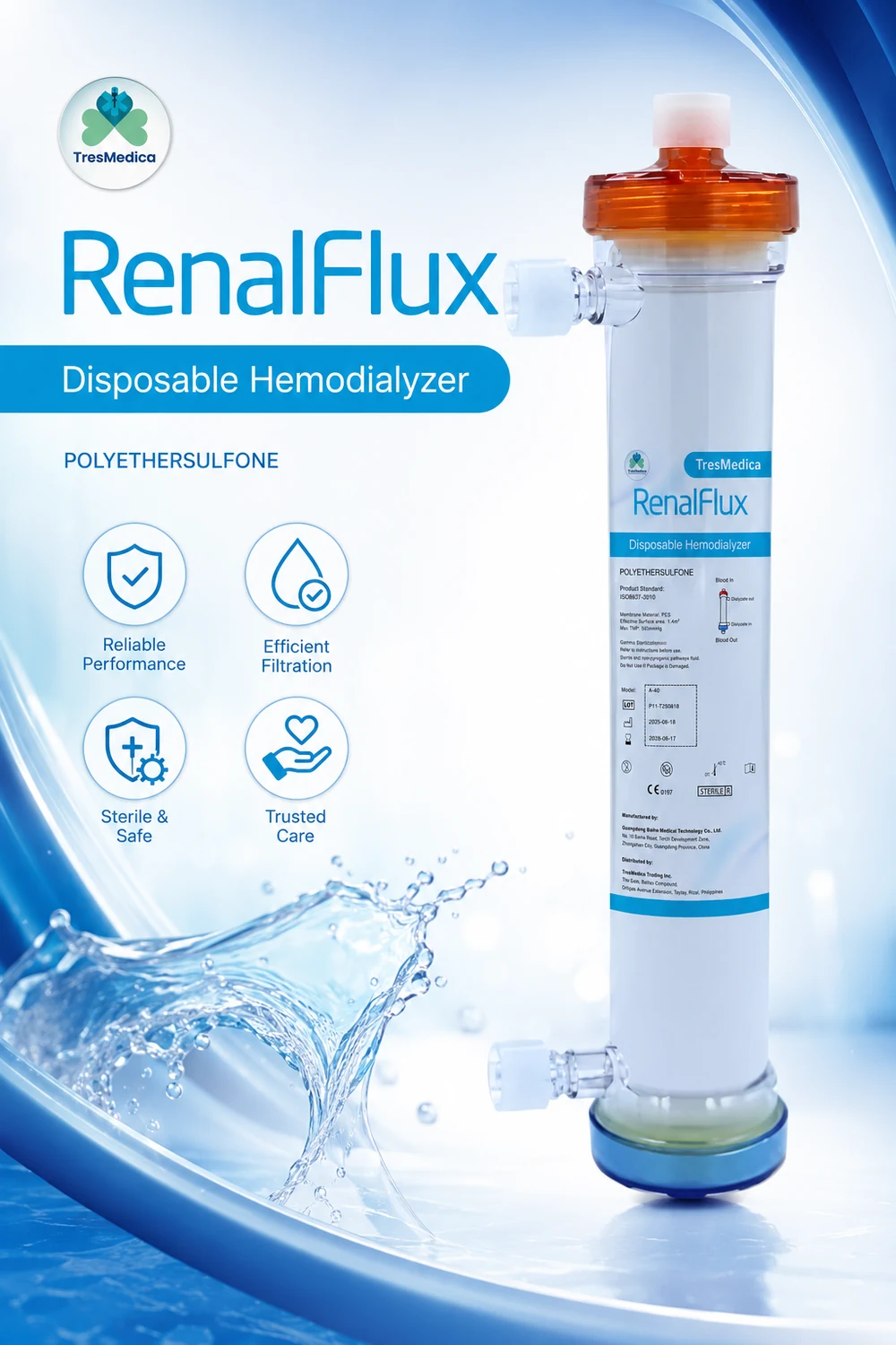 RenalFlux disposable hemodialyzer by TresMedica - a polyethersulfone single-use dialyzer